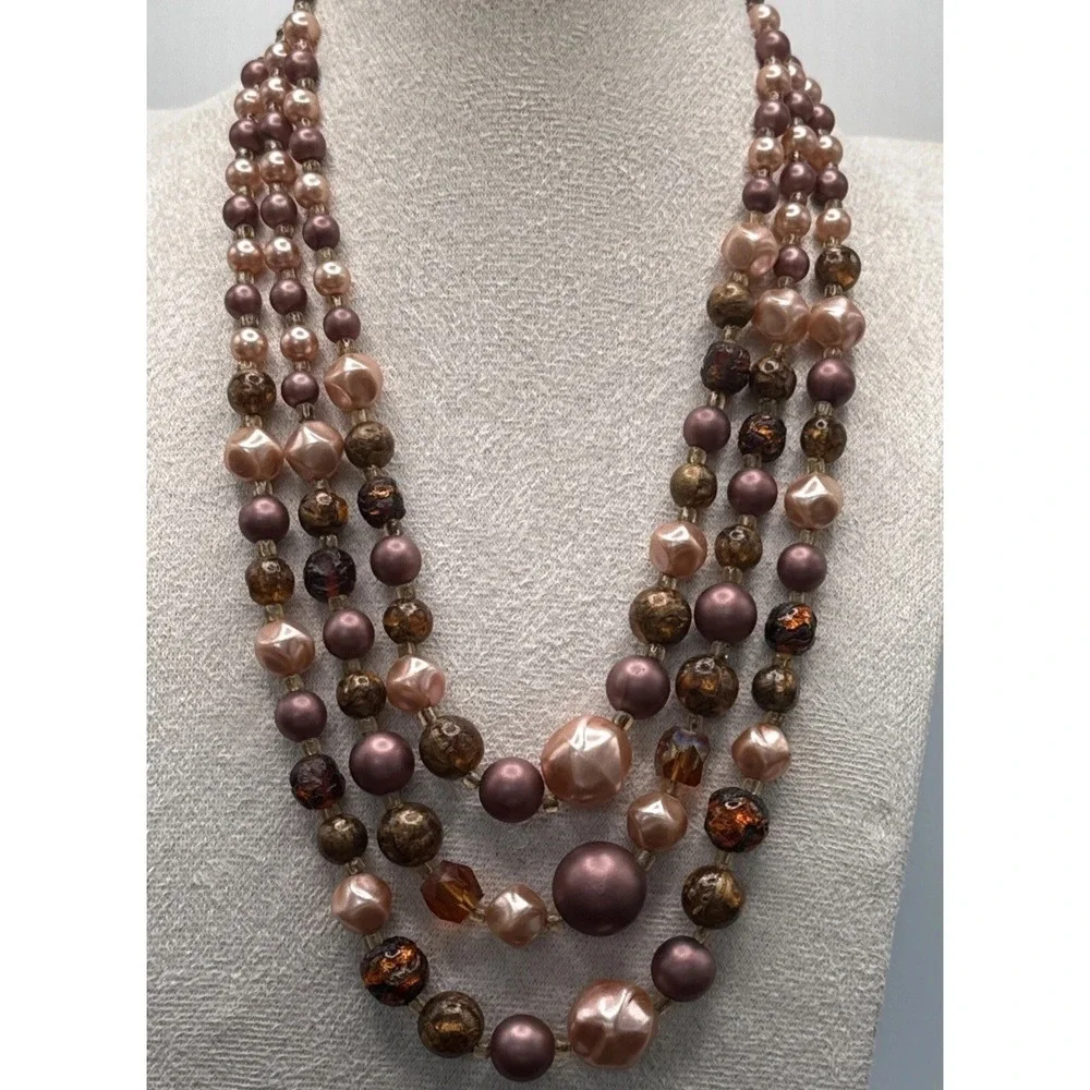Vintage Japan Triple Strand Faux Pearl Necklace Peach Brown Orange 17-19 inches